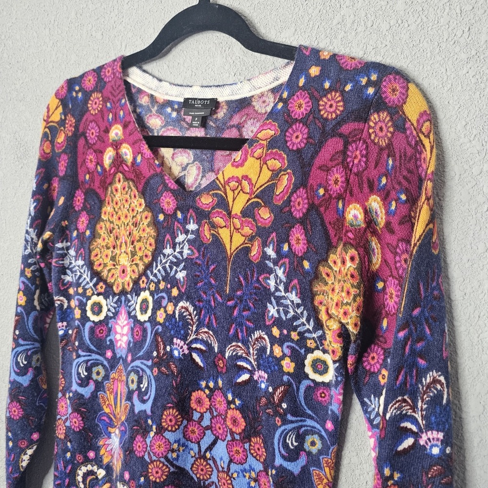 Talbots Petite Pure Cashmere V-Neck Sweater‎ Floral Paisley Multi Navy P P0323